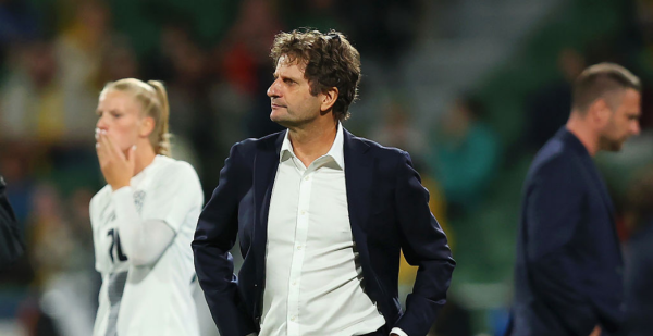 PERTH, AUSTRALIA - JUNE 29: Joe Montemurro, Head Coach of Australia looks on during the International Friendly match between Australia Matildas and Slovenia at HBF Park on June 29, 2025 in Perth, Australia. (Photo by Paul Kane/Getty Images)