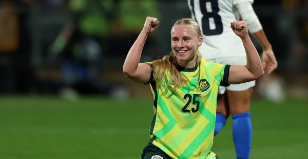 PERTH, AUSTRALIA - JUNE 26: Holly McNamara of the Matildas celebrates a goal during the International Friendly match between Australia Matildas and Slovenia at HBF Park on June 26, 2025 in Perth, Australia. (Photo by Janelle St Pierre/Getty Images)