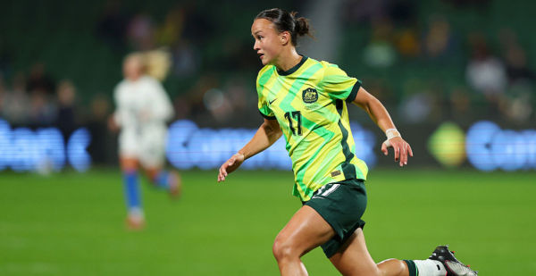 PERTH, AUSTRALIA - JUNE 26: Amy Sayer of Australia runs with the ball during the International Friendly match between Australia Matildas and Slovenia at HBF Park on June 26, 2025 in Perth, Australia. (Photo by Paul Kane/Getty Images)