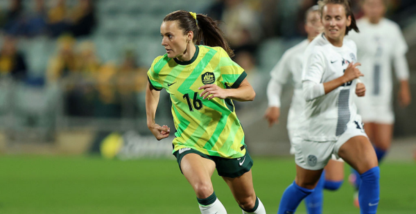 PERTH, AUSTRALIA - JUNE 26: Hayley Raso of the Matildas in action during the International Friendly match between Australia Matildas and Slovenia at HBF Park on June 26, 2025 in Perth, Australia. (Photo by Janelle St Pierre/Getty Images)