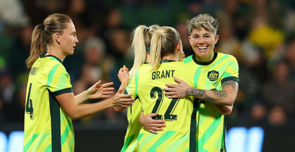 PERTH, AUSTRALIA - JUNE 29: Michelle Heyman of Australia celebrates with teammates after scoring the teams first goal during the International Friendly match between Australia Matildas and Slovenia at HBF Park on June 29, 2025 in Perth, Australia. (Photo by Paul Kane/Getty Images)