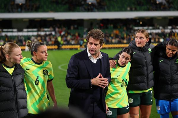 PERTH, AUSTRALIA - JULY 08: Joe Montemurro, coach of Australia addresses the team after winning the International Friendly match between the Australia Matildas and Panama at HBF Park on July 08, 2025 in Perth, Australia. (Photo by Paul Kane/Getty Images)