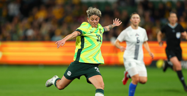 PERTH, AUSTRALIA - JUNE 29: Michelle Heyman of Australia shoots during the International Friendly match between Australia Matildas and Slovenia at HBF Park on June 29, 2025 in Perth, Australia. (Photo by Paul Kane/Getty Images)