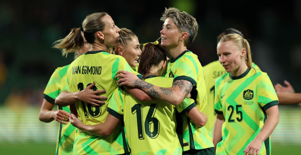 PERTH, AUSTRALIA - JULY 08: Michelle Heyman of the Matildas celebrates a goal during the International Friendly match between Australia Matildas and Panama at HBF Park on July 08, 2025 in Perth, Australia. (Photo by Janelle St Pierre/Getty Images)