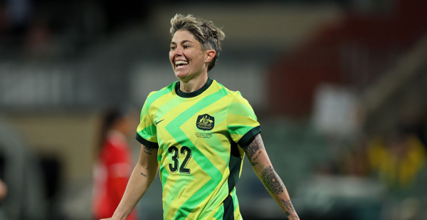 PERTH, AUSTRALIA - JULY 08: Michelle Heyman of the Matildas celebrates a goal during the International Friendly match between Australia Matildas and Panama at HBF Park on July 08, 2025 in Perth, Australia. (Photo by Janelle St Pierre/Getty Images)