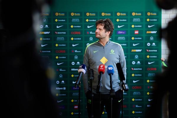 Joe Montemurro at the pre-match press conference for the first Panama game, 4 July 2025 (Photo: Rachel Bach/By The White Line)