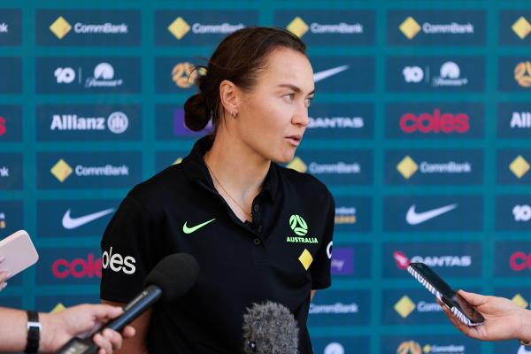 Caitlin Foord speaks to media ahead of the CommBank Matildas v New Zealand match in Gosford - Rachel Bach / By The White Line