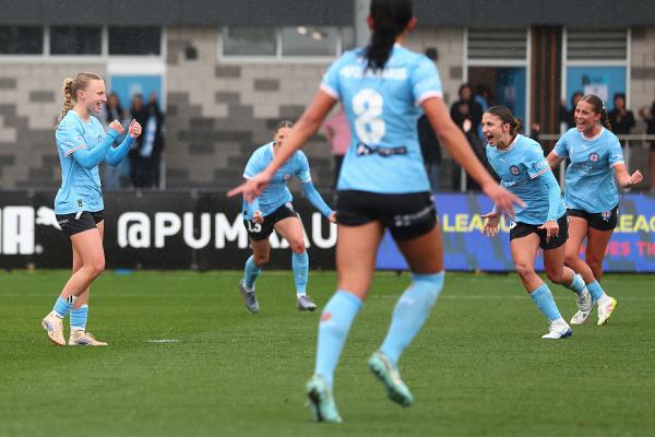 MELBOURNE, AUSTRALIA - NOVEMBER 08: Holly McNamara of Melbourne City (L) celebrates kicking a goal during the round two A-League Women match between Melbourne City and Central Coast Mariners at ctrl:cyber Pitch, on November 08, 2025, in Melbourne, Australia. (Photo by Daniel Pockett/Getty Images)