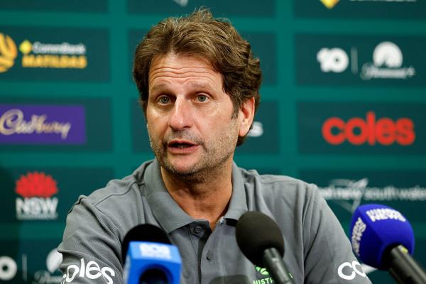 Matildas coach, Joe Montemurro speaks to the media during the Matildas training session at Polytec Stadium on November 27, 2025 in Gosford, Australia. (Photo by Brendon Thorne/Getty Images)