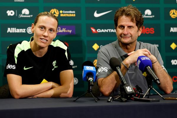 Matildas coach, Joe Montemurro and Emily van Egmond speak to the media during the Matildas training session at Polytec Stadium on November 27, 2025 in Gosford, Australia. (Photo by Brendon Thorne/Getty Images)