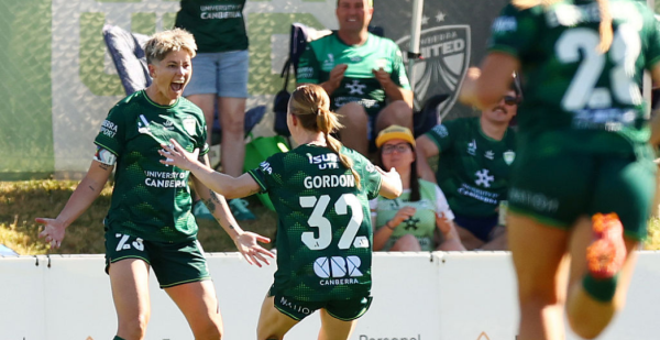 CANBERRA, AUSTRALIA - NOVEMBER 02: Michelle Heyman of Canberra United celebrates scoring a goal during the round one A-League Women match between Canberra United and Newcastle Jets at McKellar Park, on November 02, 2025, in Canberra, Australia. (Photo by Mark Nolan/Getty Images)