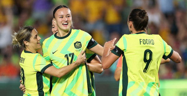 GOSFORD, AUSTRALIA - NOVEMBER 28: Amy Sayer of the Matildas celebrates scoring a goal during the International Friendly match between Australia Matildas and New Zealand Football Ferns at Polytec Stadium on November 28, 2025 in Gosford, Australia. (Photo by Cameron Spencer/Getty Images)