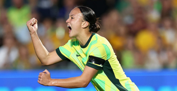 GOSFORD, AUSTRALIA - NOVEMBER 28: Amy Sayer of the Matildas celebrates scoring a goal during the International Friendly match between Australia Matildas and New Zealand Football Ferns at Polytec Stadium on November 28, 2025 in Gosford, Australia. (Photo by Cameron Spencer/Getty Images)