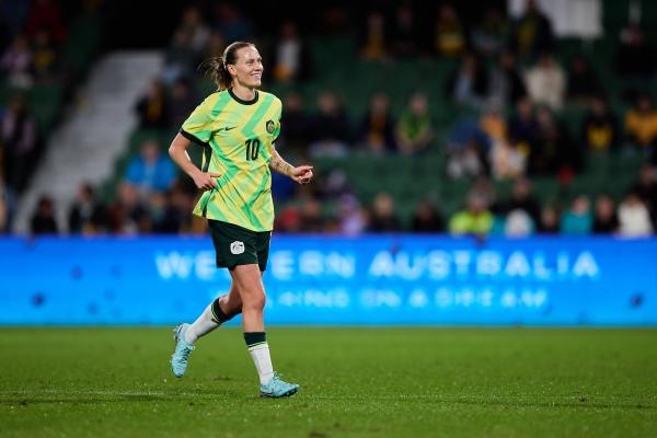 Emily van Egmond smiles during the CommBank Matildas match against Panama - Rachel Bach / By The White Line 