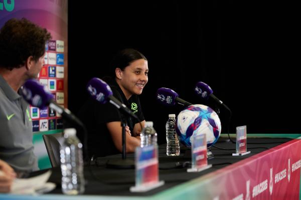 Sam Kerr addresses the media at the CommBank Matildas' Women's Asian Cup 2026 Pre-Match press conference v Philippines - Rachel Bach / By The White Line