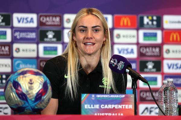 SYDNEY, AUSTRALIA - MARCH 20: Ellie Carpenter of the Australian Matildas speaks to the media during a press conference ahead of the AFC Women's Asian Cup Australia 2026 Final, at Stadium Australia on March 20, 2026 in Sydney, Australia. (Photo by Cameron Spencer/Getty Images)