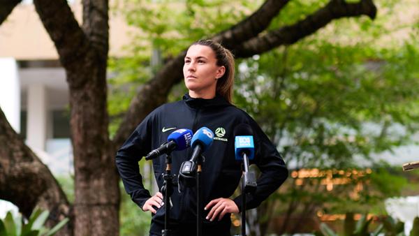 Thursday 19 March 2026 | Steph Catley of the CommBank Matildas addresses the media during the AFC Women's Asian Cup 2026 | By The White Line / Rachel Bach
