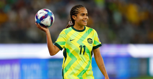 PERTH, AUSTRALIA - MARCH 01: Mary Fowler of Australia smiles as she waits to throw the ball back into play during the AFC Women's Asian Cup Australia 2026 match between Australia Matildas and Phillippines at Perth Stadium on March 01, 2026 in Perth, Australia. (Photo by James Worsfold/Getty Images)