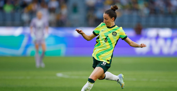 PERTH, AUSTRALIA - MARCH 01: Clare Wheeler of Australia passes the ball during the AFC Women's Asian Cup Australia 2026 match between Australia Matildas and Phillippines at Perth Stadium on March 01, 2026 in Perth, Australia. (Photo by James Worsfold/Getty Images)