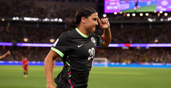 PERTH, AUSTRALIA - MARCH 17: Sam Kerr of Australia celebrates scoring her team's second goal during the AFC Women's Asian Cup Australia 2026 Semi Final match between Australia Matildas and China PR at Perth Stadium on March 17, 2026 in Perth, Australia. (Photo by Paul Kane/Getty Images)