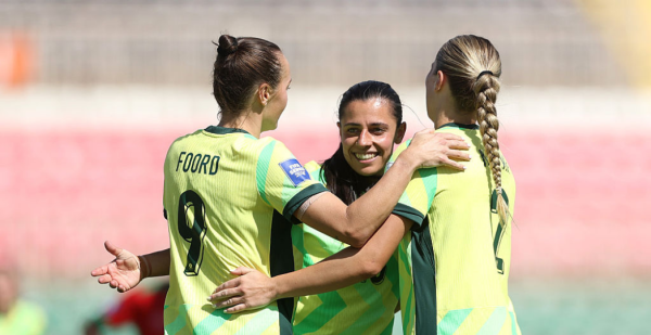 NAIROBI, KENYA - APRIL 11: Alex Chidiac of Australia celebrates scoring her team's third goal with teammates during the FIFA Series 2026 match between Australia and Malawi at Nyayo National Stadium on April 11, 2026 in Nairobi, Kenya. (Photo by FIFA/FIFA via Getty Images)