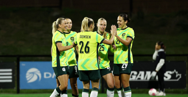 CHAMBLY, FRANCE - OCTOBER 13: Daniela Galic of Australia celebrates scoring her team’s fifth goal with team mates during the Women's International Friendly match between Haiti and Australia at Stade Walter-Luzi on October 13, 2026 in Chambly, France. (Photo by Catherine Steenkeste/Getty Images for Football Australia)