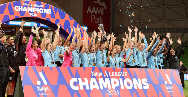 MELBOURNE, AUSTRALIA - MAY 16: Melbourne City FC players celebrate winning with the trophy during the A-League Women Grand Final match between Melbourne City and Wellington Phoenix at AAMI Park, on May 16, 2026, in Melbourne, Australia. (Photo by Kelly Defina/Getty Images)