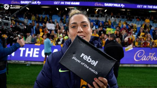 Katrina Gorry is presented with the rebel sport Player Of The Match for #AUSvCAN in Sydney