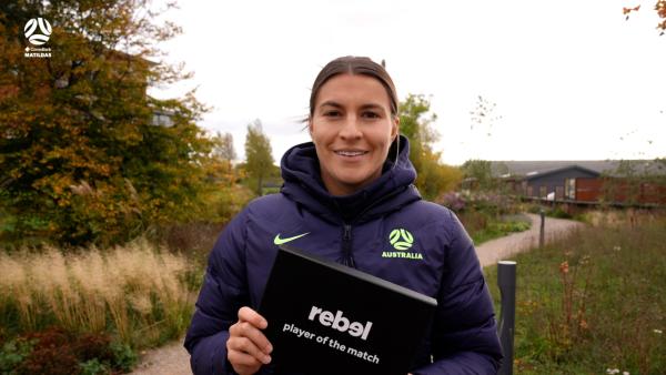 Steph Catley is presented with the Rebel Sport Player of the Match for AUSvRSA