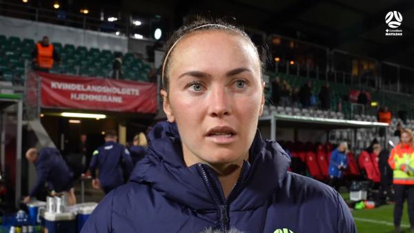 Caitlin Foord is presented with the Rebel Sport Player of the Match for DENvAUS