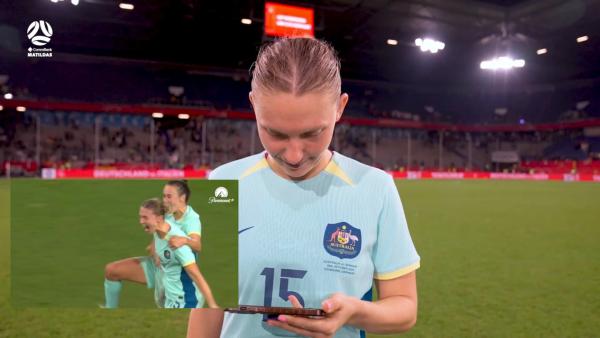 Clare Hunt reacts to her first goal for Australia ??