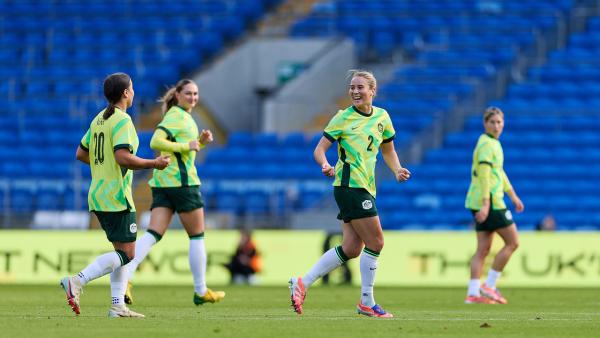 Courtney Nevin reacts after scoring her first goal in green & gold 🟢🟡