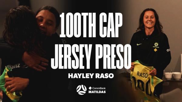 Hayley Raso is presented with a jersey to commemorate her 💯th cap! 🎀