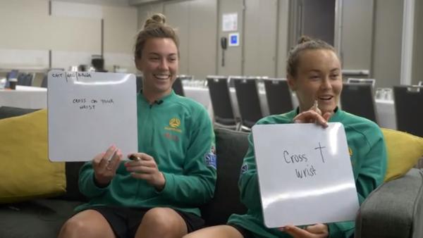 Team mates challenge: Alanna Kennedy, Mackenzie Arnold and Caitlin Foord