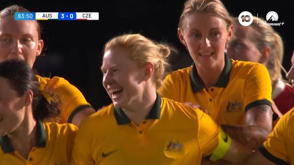 GOAL: Clare Polkinghorne scores on her record-breaking appearance