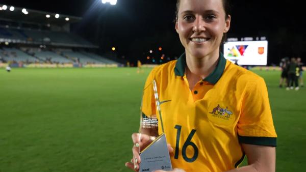 Hayley Raso is presented with the Rebel Sport Player of the Match from #AUSvCZE