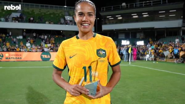 Mary Fowler is presented with the rebel sport Player Of The Match for #AUSvTPE