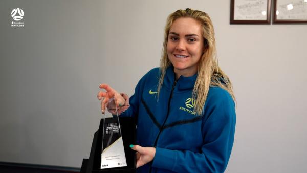 Ellie Carpenter is presented with the rebel sport Player Of The Match for #UZBvAUS ?