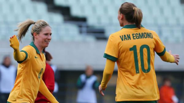 Westfield Matildas Elise Kellond-Knight and Emily van Egmond celebrate scoring against Vietnam.