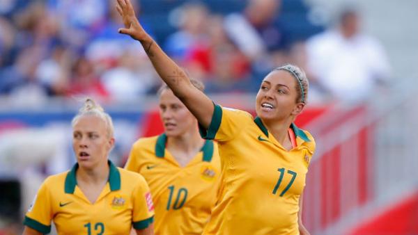 Westfield Matildas striker Kyah Simon celebrates scoring at the Women's World Cup.