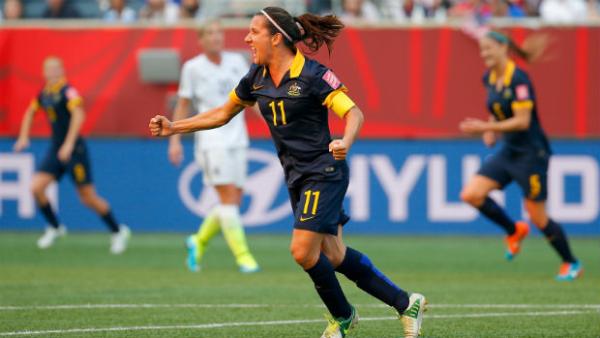 Westfield Matildas co-captain Lisa De Vanna celebrates scoring against the USA at the Women's World Cup.
