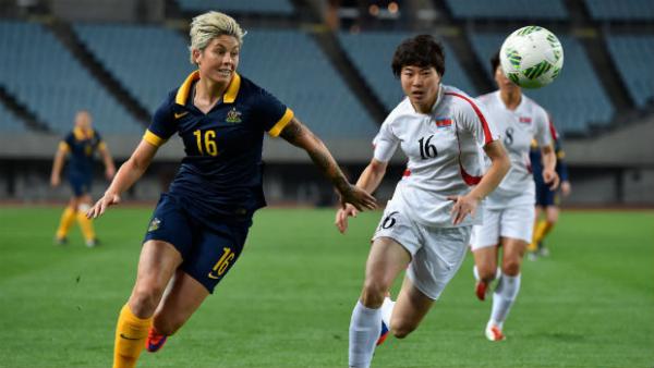 Westfield Matildas striker Michelle Heyman chases the ball against North Korea.