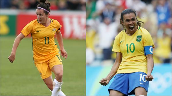 Westfield Matildas co-captain Lisa De Vanna and Brazil superstar Marta.