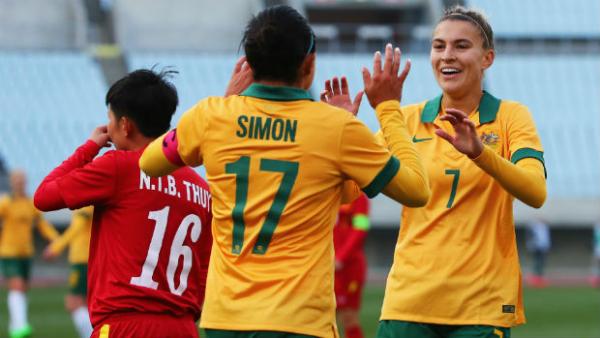 Westfield Matildas Kyah Simon and Steph Catley celebrate a goal against Vietnam.