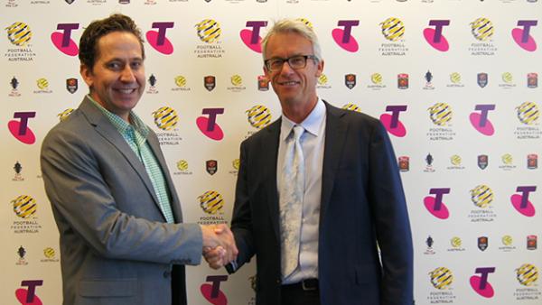 Telstra’s Director of Digital Media and Content Adam Good and FFA CEO David Gallop.