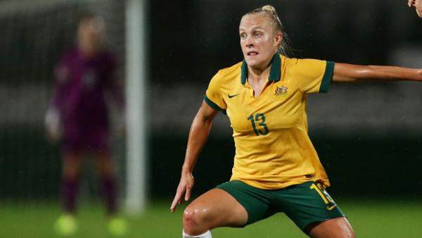 Tameka Butt on the ball during Australia's 11-0 friendly win over Vietnam.