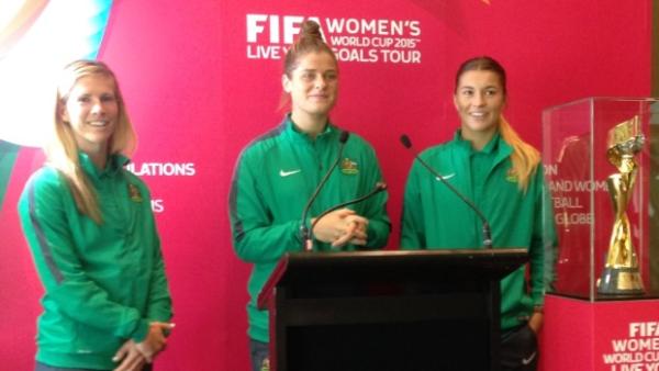Elise Kellond-Knight, Brianna Davey and Steph Catley during the FIFA Women's World Cup Trophy Tour in Melbourne.