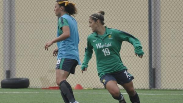 Hayley Raso and Katrina Gorry training in Italy ahead of the matches against Austria and Scotland.