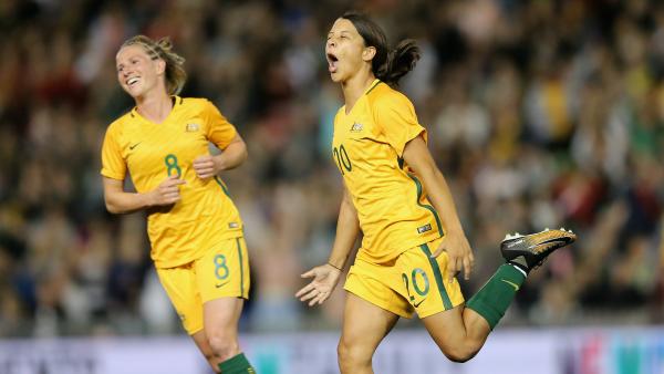 Sam Kerr celebrates a goal for the Westfield Matildas.