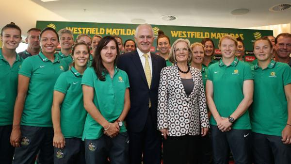 Prime Minister Malcolm Turnbull with wife Lucy and the Westfield Matildas squad.